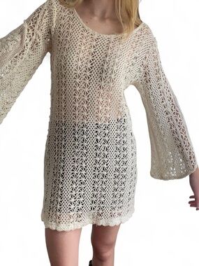 vintage crochet knit mini bell sleeve dress